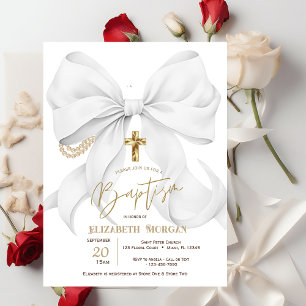 Invitation Baptême Croix Perles Points Arc Blanc Élégant
