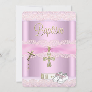 Invitation Baptême Croix rose Dentelle fille Christening 2a