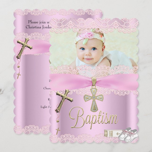 Invitation Baptême Croix rose Fille Dentelle Christening (Devant / Derrière)