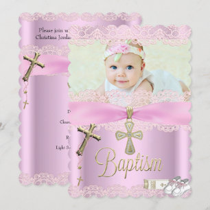 Invitation Baptême Croix rose Fille Dentelle Christening