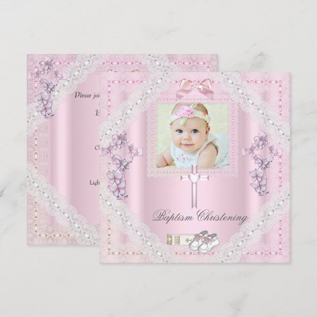 Invitation Baptême Croix rose Fille Photo baptême dentelle 2 (Devant / Derrière)
