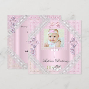Invitation Baptême Croix rose Fille Photo baptême dentelle 2