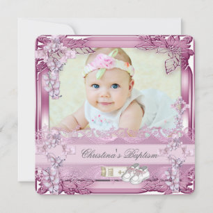 Invitation Baptême Croix rose Fille Photo baptême Floral