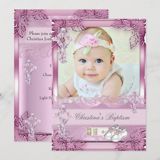 Invitation Baptême Croix rose Fille Photo baptême Floral (Devant / Derrière)