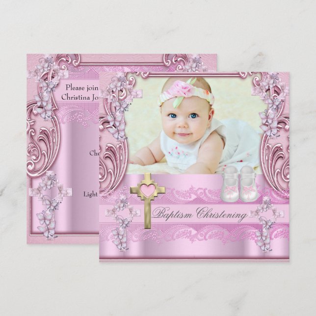 Invitation Baptême Croix rose Fille Photo Christening Chaussu (Devant / Derrière)