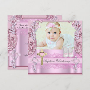 Invitation Baptême Croix rose Fille Photo Christening Chaussu