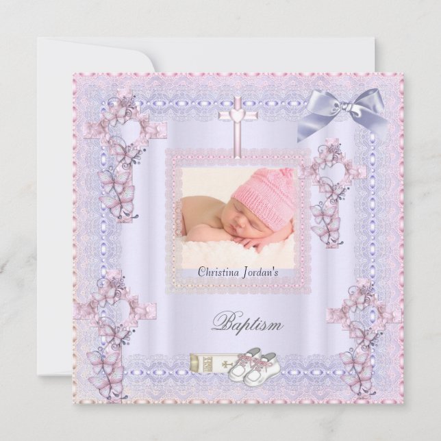 Invitation Baptême Croix rose Fille Photo Lavande dentelle 2 (Devant)