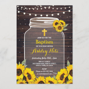 Invitation Baptême Cross Christening Baby Jar Wood Sunflower