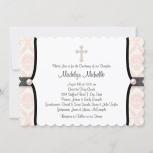 Invitation Baptême damassé noir et rose