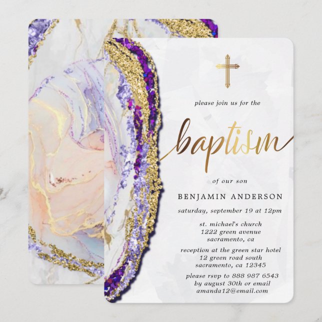 Invitation Baptême d'aquarelle de pierre minérale dorée et bl (Devant / Derrière)