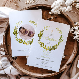Invitation Baptême d'aquarelle florale rustique vert