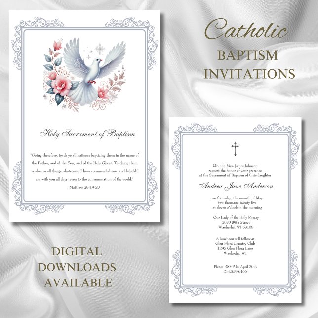 Invitation Baptême d'argent catholique Dove Roses roses roses (Créateur téléchargé)