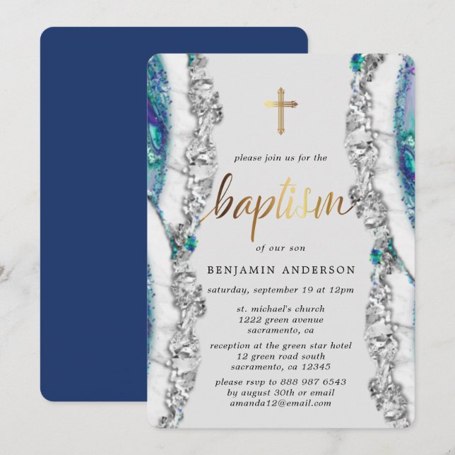 Invitation Baptême d'argent et de pierre minérale bleue (Devant / Derrière)