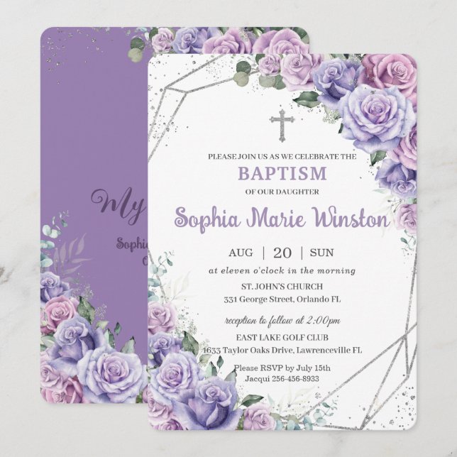 Invitation Baptême d'argent floral violet Lilac (Devant / Derrière)