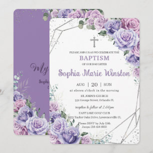 Invitation Baptême d'argent floral violet Lilac