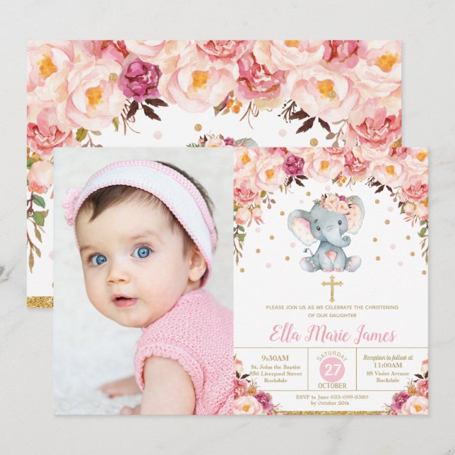 Invitation Baptême de baptême de l'éléphant floral (Devant / Derrière)