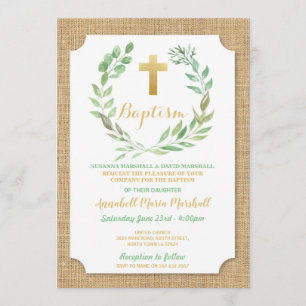 Invitation Baptême de baptême de vert de toile de jute de