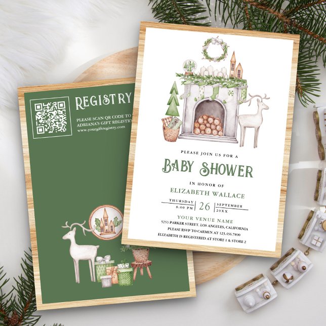 Invitation Baptême de bébé Code QR Cheminée Noël scandinave (Créateur téléchargé)