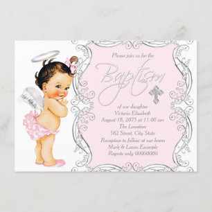 Invitation Baptême de Bébé Fille Ange Rose Pale