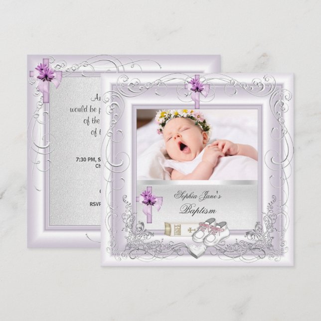 Invitation Baptême de Bébé Fille Blanc Lilas Rose (Devant / Derrière)