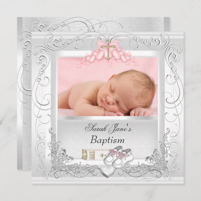Invitation Baptême de Bébé Fille Blanc Rose (Devant / Derrière)