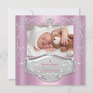 Invitation Baptême de bébé fille Croix argent rose