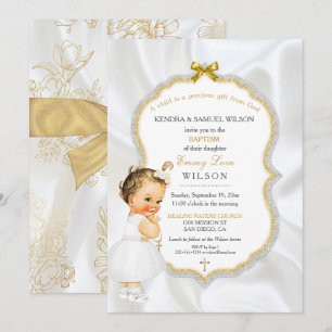 Invitation Baptême de bébé fille Croix dorée Paillettes