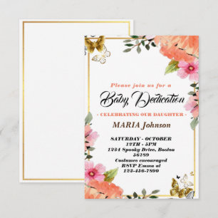 Invitation Baptême de bébé floral aquarelle papillon girly 