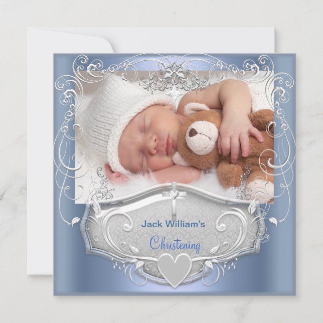 Invitation Baptême de bébé garçon croix bleue argent (Devant)
