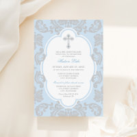Baptême de bébé garçon élégant bleu damassé argent