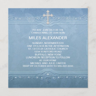 Invitation Baptême de bébé garçon élégant bleu et blanc