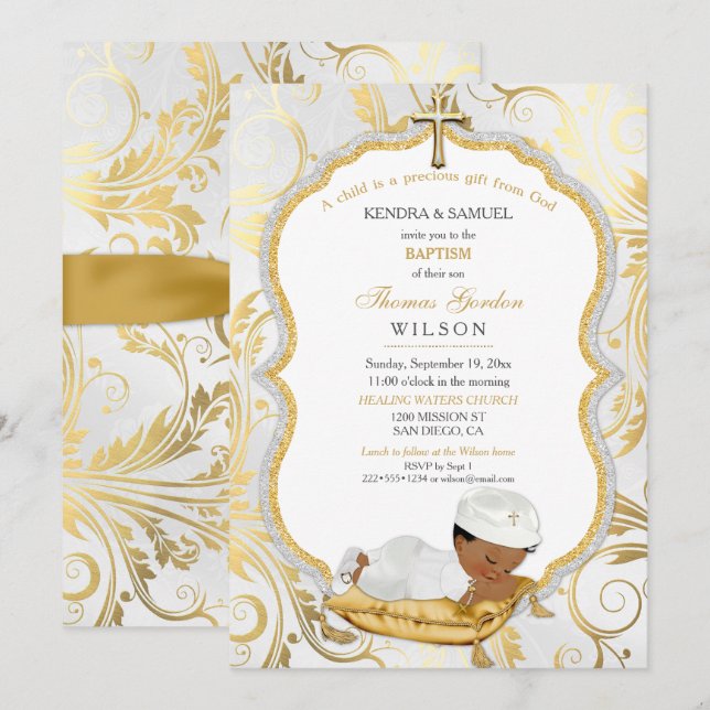 Invitation Baptême de bébé garçon ethnique Croix en or (Devant / Derrière)