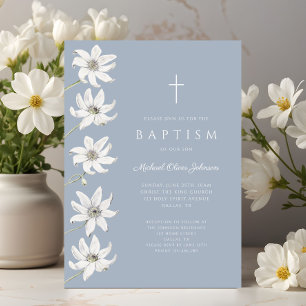 Invitation Baptême de bébé garçon floral bleu élégant