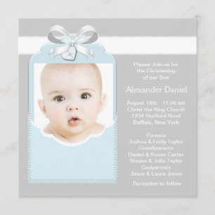 Invitation Baptême de bébé garçon photo Bleu et Gris
