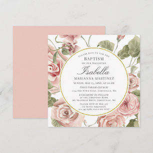Invitation Baptême de cadre rond rose floral Dusty