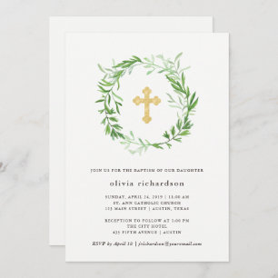 Invitation Baptême de couronne verte Feuille
