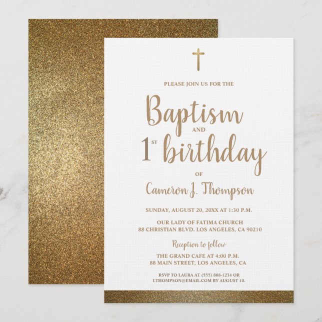Invitation Baptême de Croix d'or des Faux blancs et 1er anniv (Devant / Derrière)