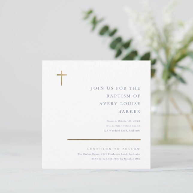 Invitation Baptême de Croix d'or minimal moderne (Debout devant)