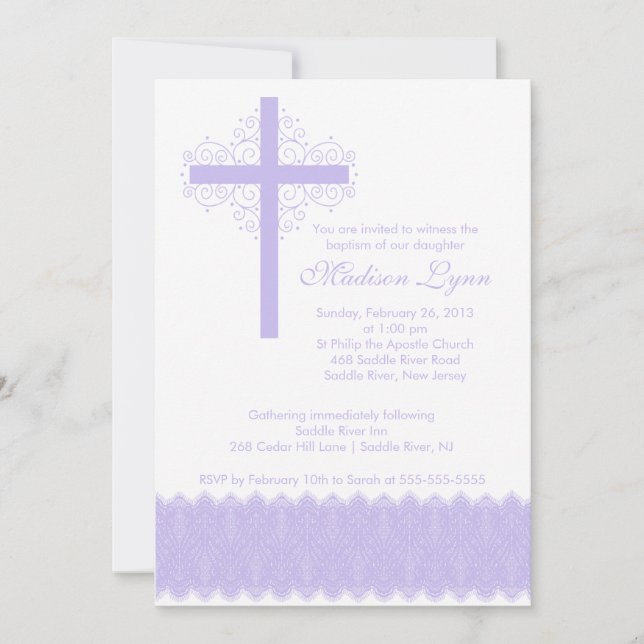 Invitation Baptême de dentelle élégante| Croix du Christ (Devant)