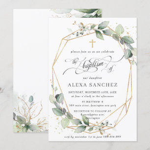 Invitation Baptême de feuillage vert Géométrique