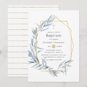 Invitation Baptême de feuille d'eucalyptus géométrique bleu e