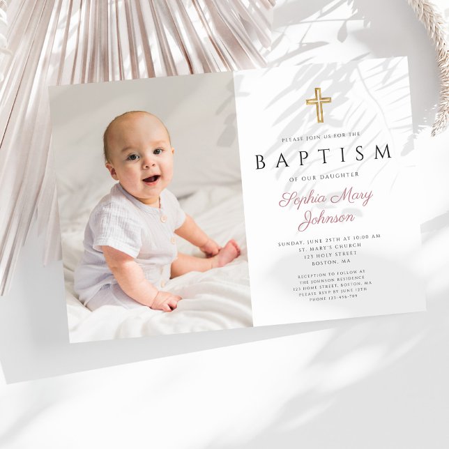 Invitation Baptême de fille avec croix de script rose moderne (Modern Pink Script Cross Girl Photo Baptism )