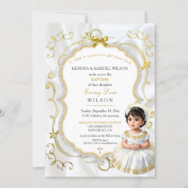 Invitation Baptême de fille Communion Christening Or Blanc