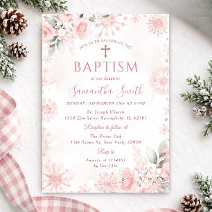 Invitation Baptême de fille Croix Florale d'Hiver Rose Gold R