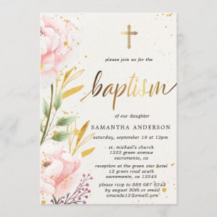 Invitation Baptême De Fille D'Aquarelle Or Et Rose