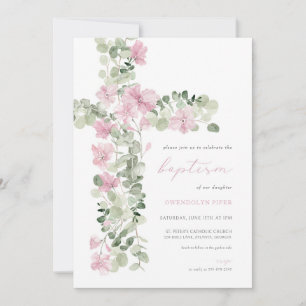 Invitation Baptême de fille de croix florale rose
