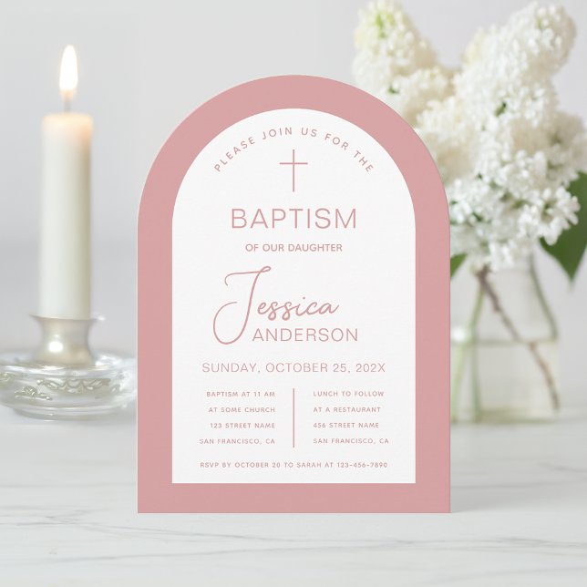 Invitation Baptême de fille Dusty Rose Arc blanc moderne rose (Créateur téléchargé)