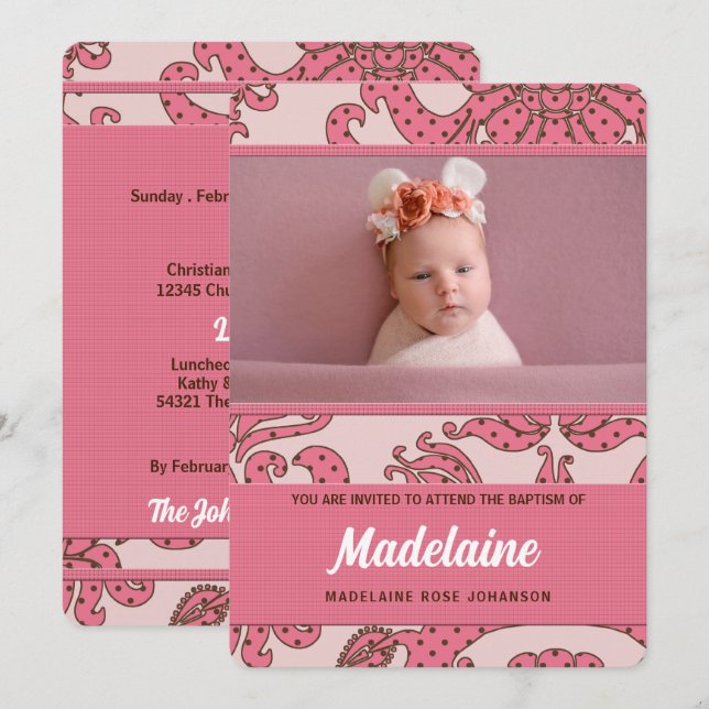 Invitation Baptême de fille en rose et Brown avec photo (Devant / Derrière)