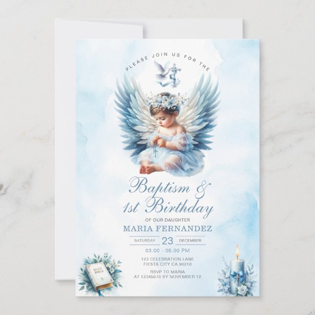 Invitation Baptême de fille et 1er anniversaire Croix florale (Devant)