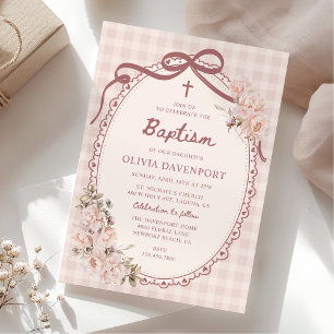 Invitation Baptême de fille floral rose pâle à carreaux capri